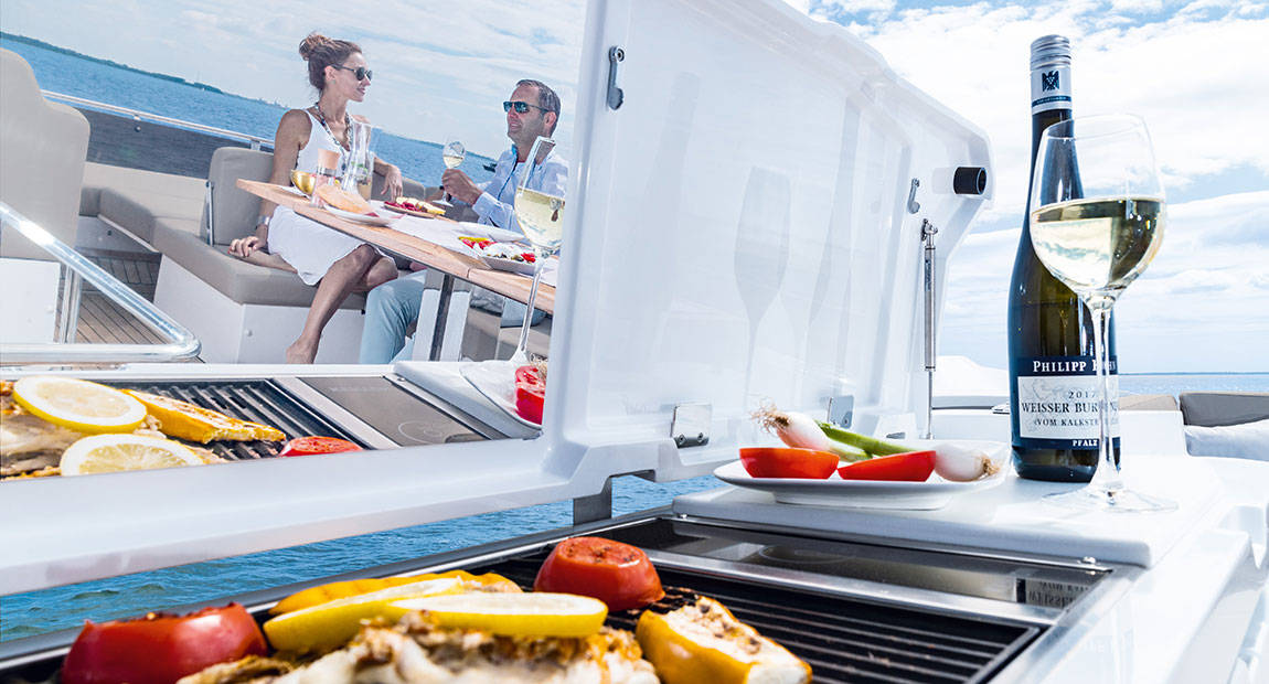Two open-air grill islands grace the deck and flybridge to readily serve delicacies.